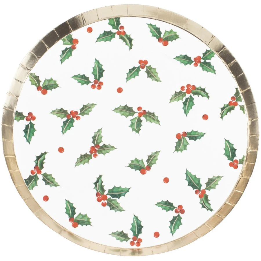 Ginger Ray 8 Piatti Di Natale - Foglie Di Agrifoglio E Bordo Oro 2 Ginger Ray 8 Piatti Di Natale - Foglie Di Agrifoglio E Bordo Oro - immagine 2